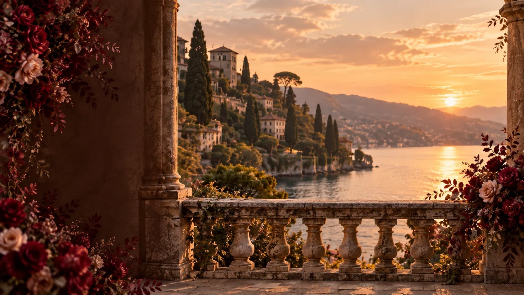 Sunset over an Italian lakeside estate