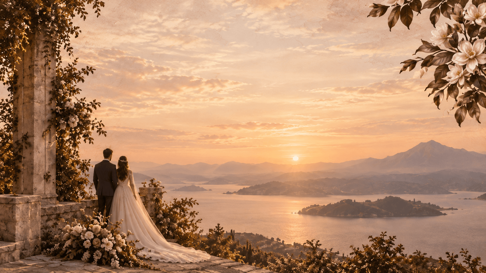 Couple overlooking a mountain lake at sunset