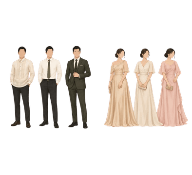 Barong, formal suit, and long gown attire examples