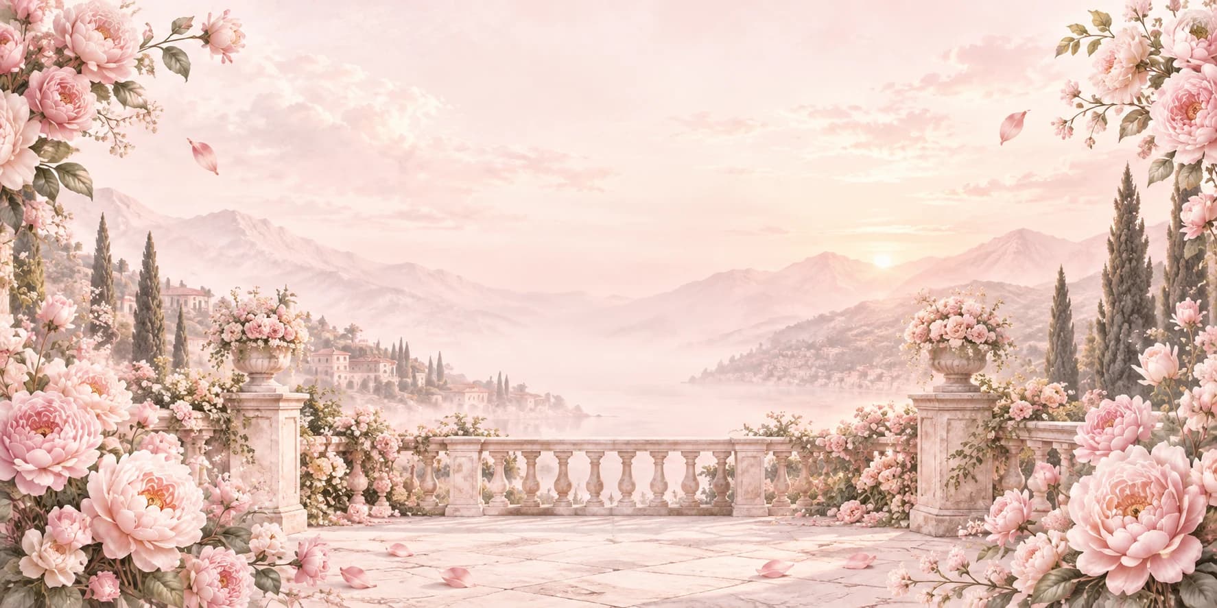 A blush garden terrace at sunrise