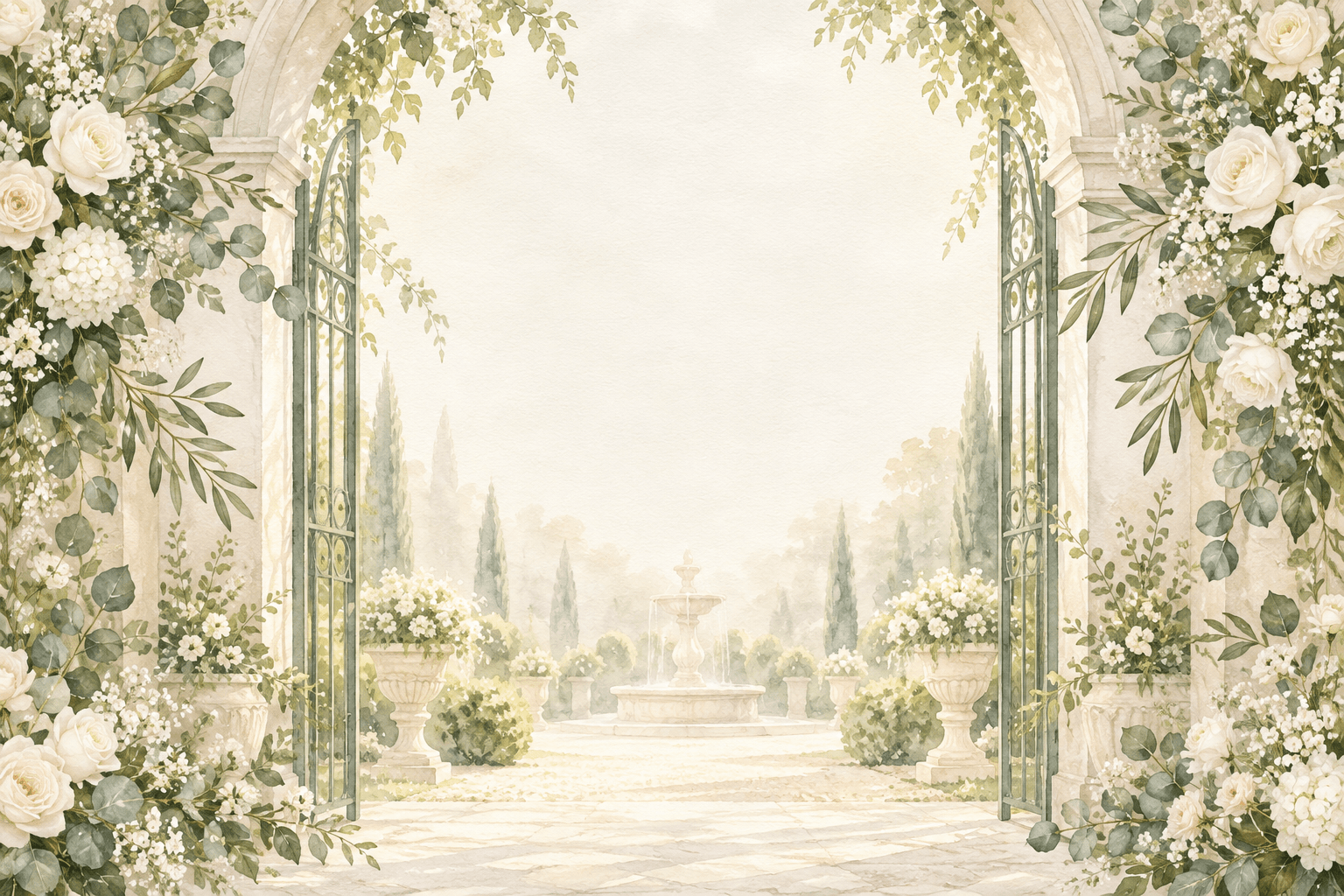 Watercolor garden arch with ivory roses