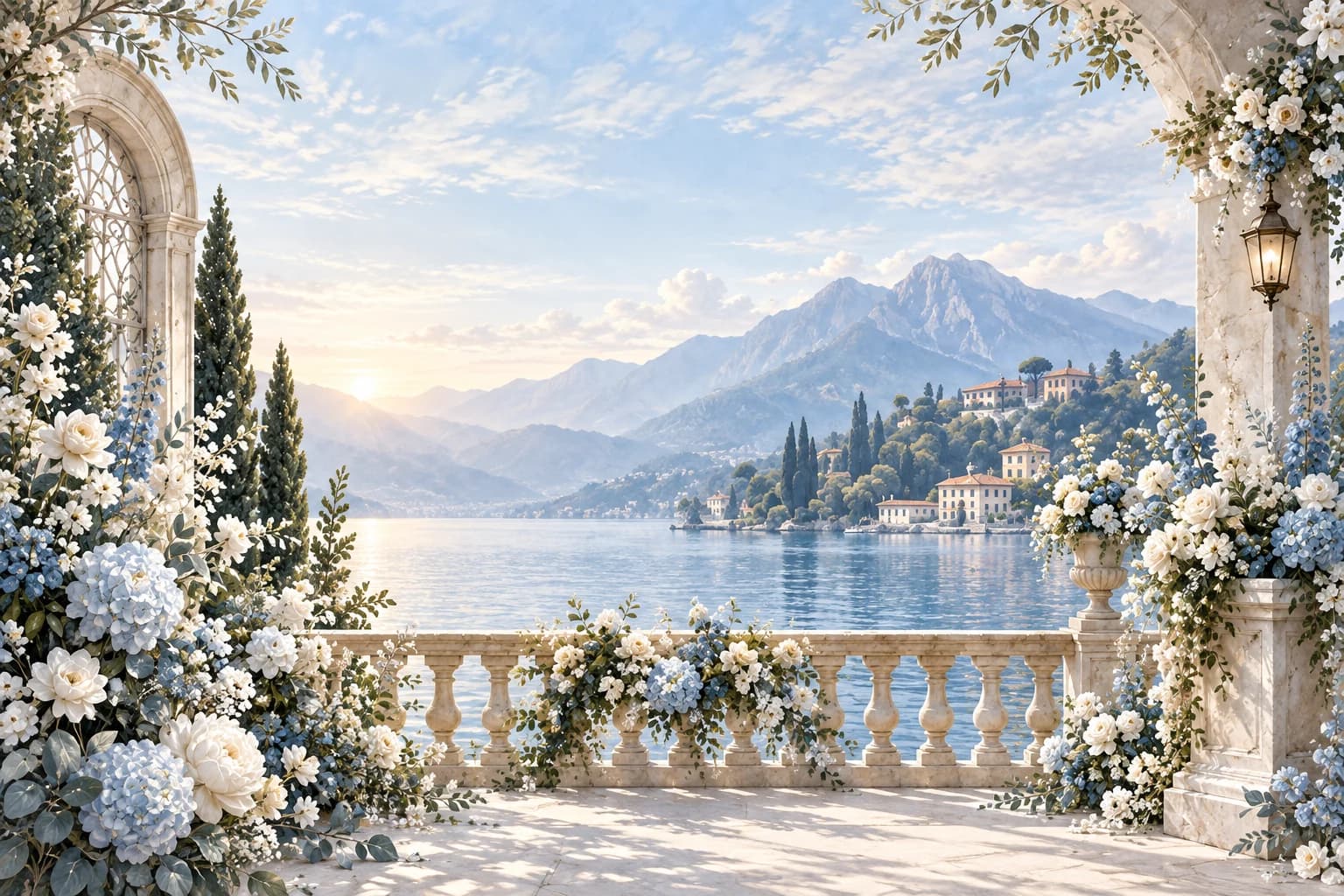 Lake Como terrace framed by blue and white flowers