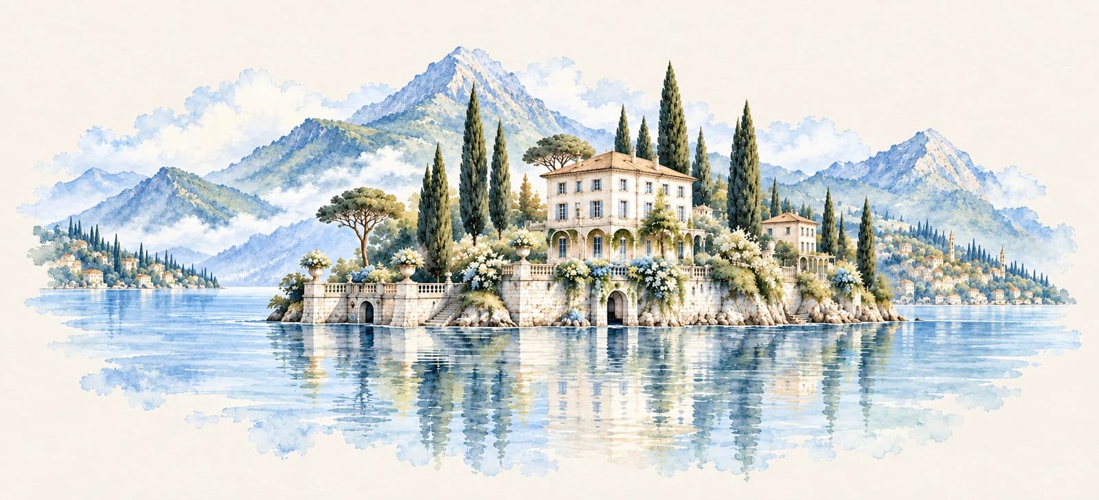 Watercolor view of a Lake Como villa